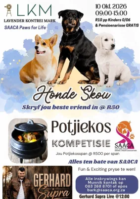 Lavender Kontrei Mark hosting Potjiekos competition & dog show competition, live music Gerhard Supra - in support of SAACA Paws for life